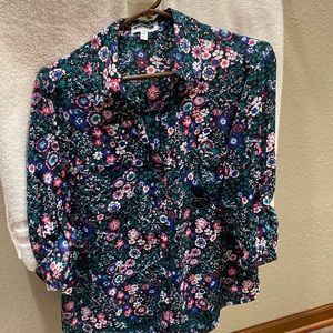 Express Slim Fit Portofino Button Down Blouse Floral Large Blue